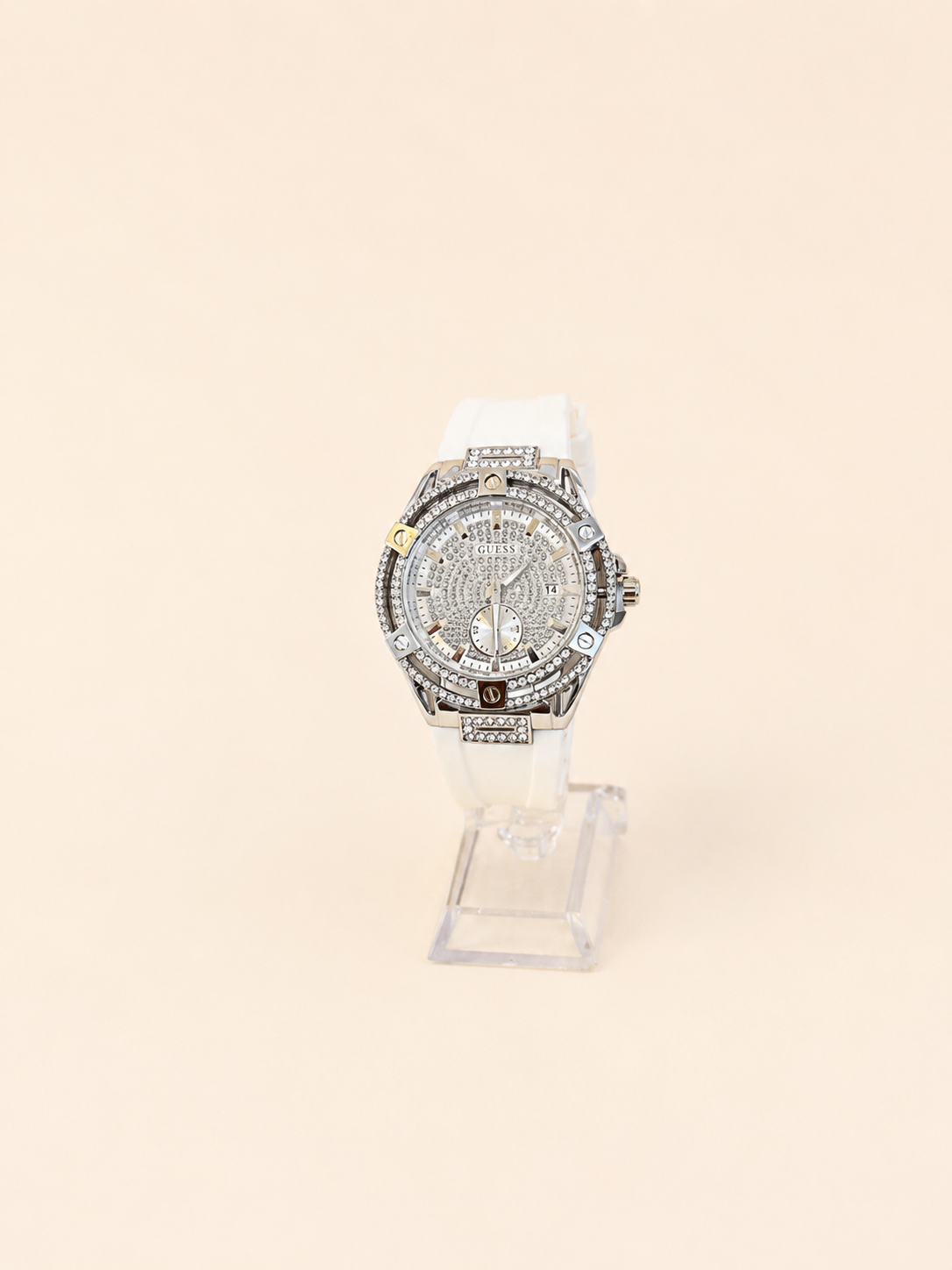 RELOJ GUESS BLANCO CIRCULO PLATEADO