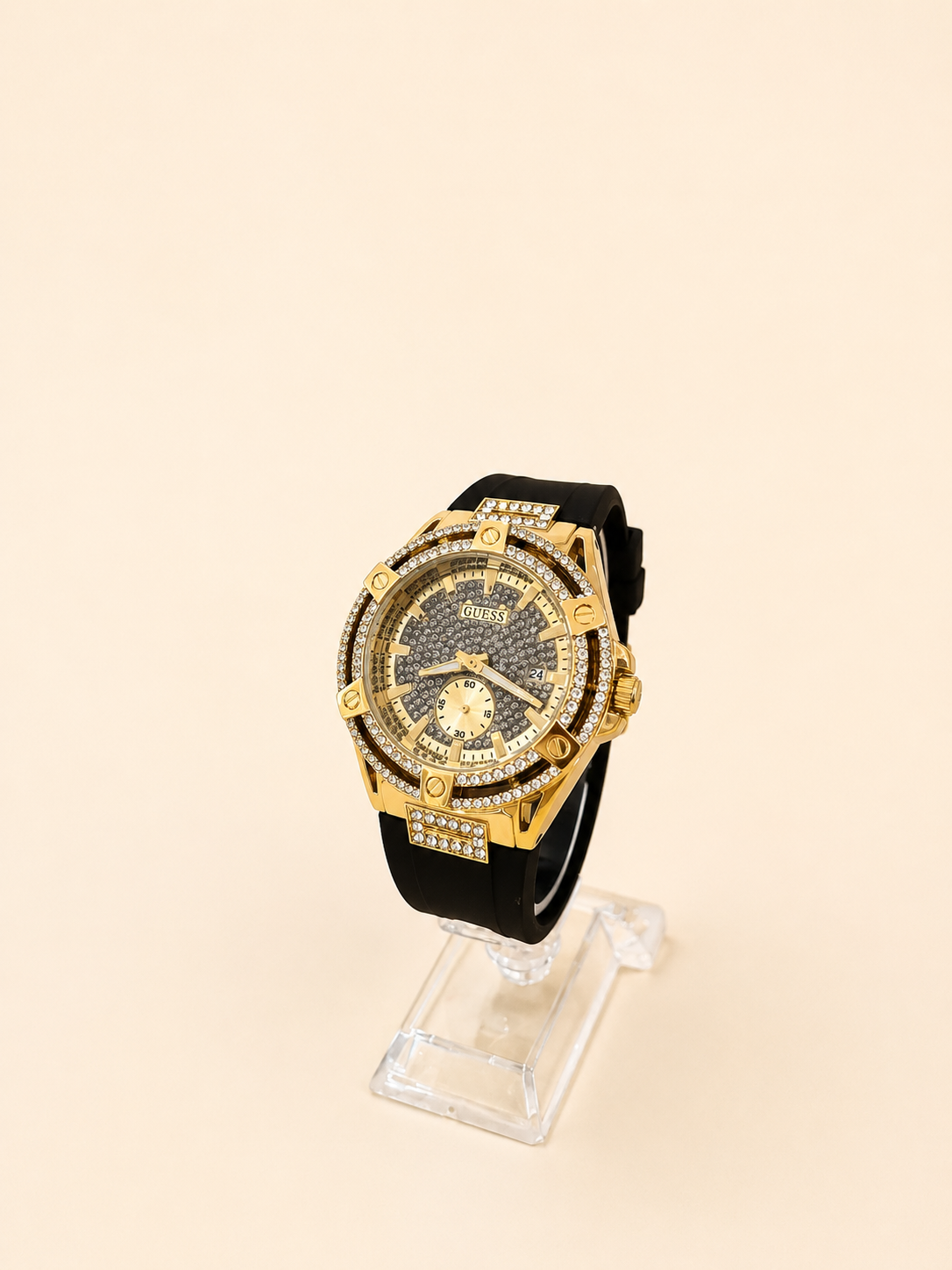 RELOJ GUESS NEGRO CIRCULO DORADO