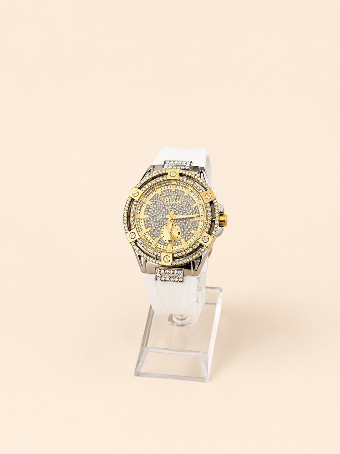 RELOJ GUESS BLANCO CIRCULO PLATEADO DORADO