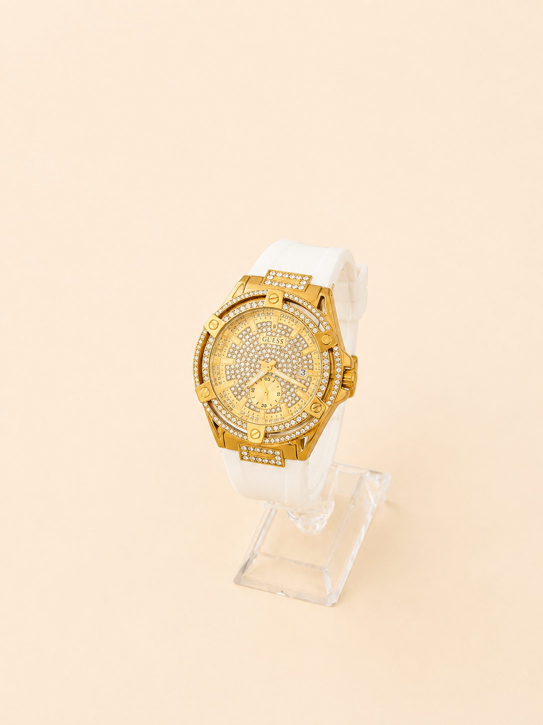 RELOJ GUESS BLANCO CIRCULO DORADO