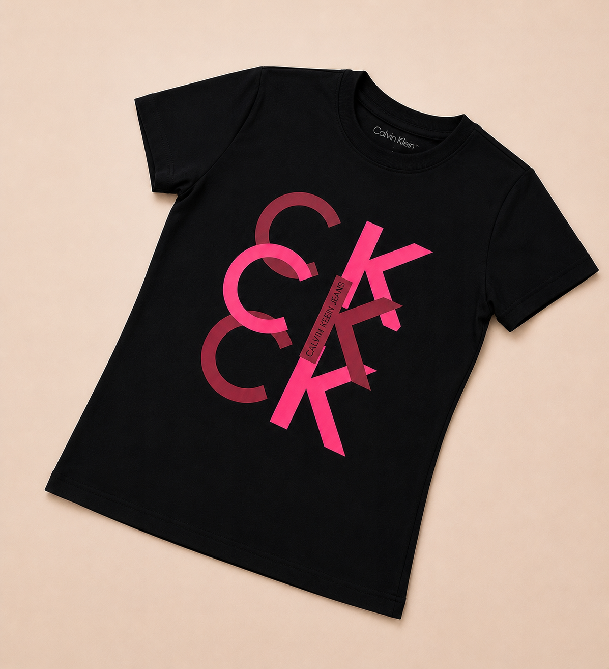 CAMISA CK LARGA NEGRA LETRA ROSADA