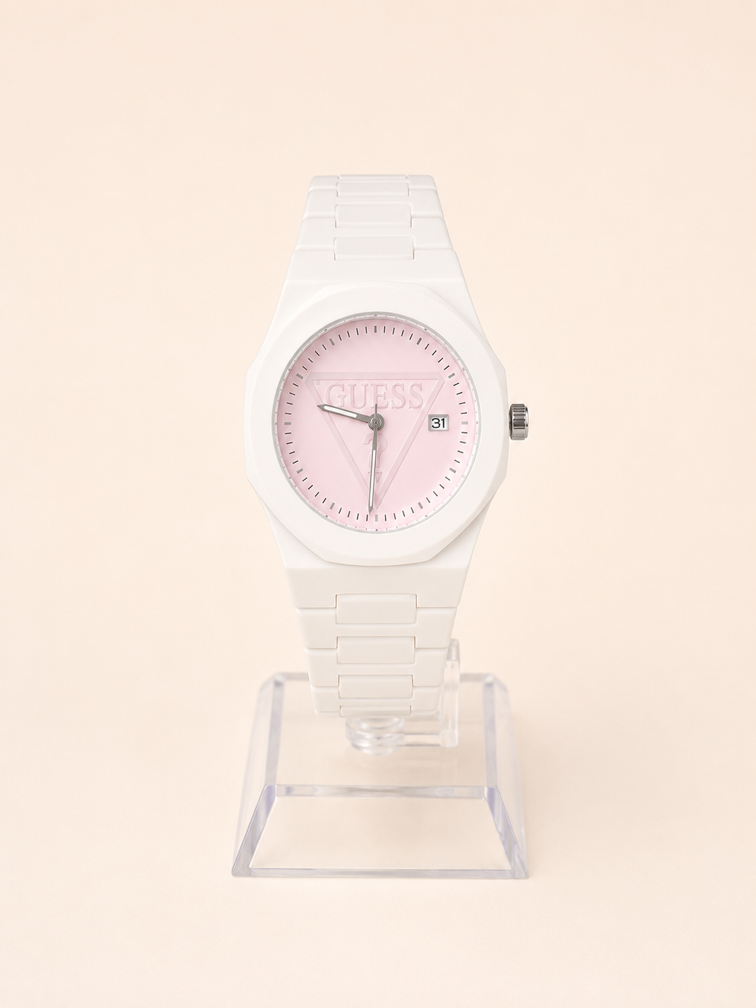 RELOJ GUESS BLANCO CÍRCULO ROSADO