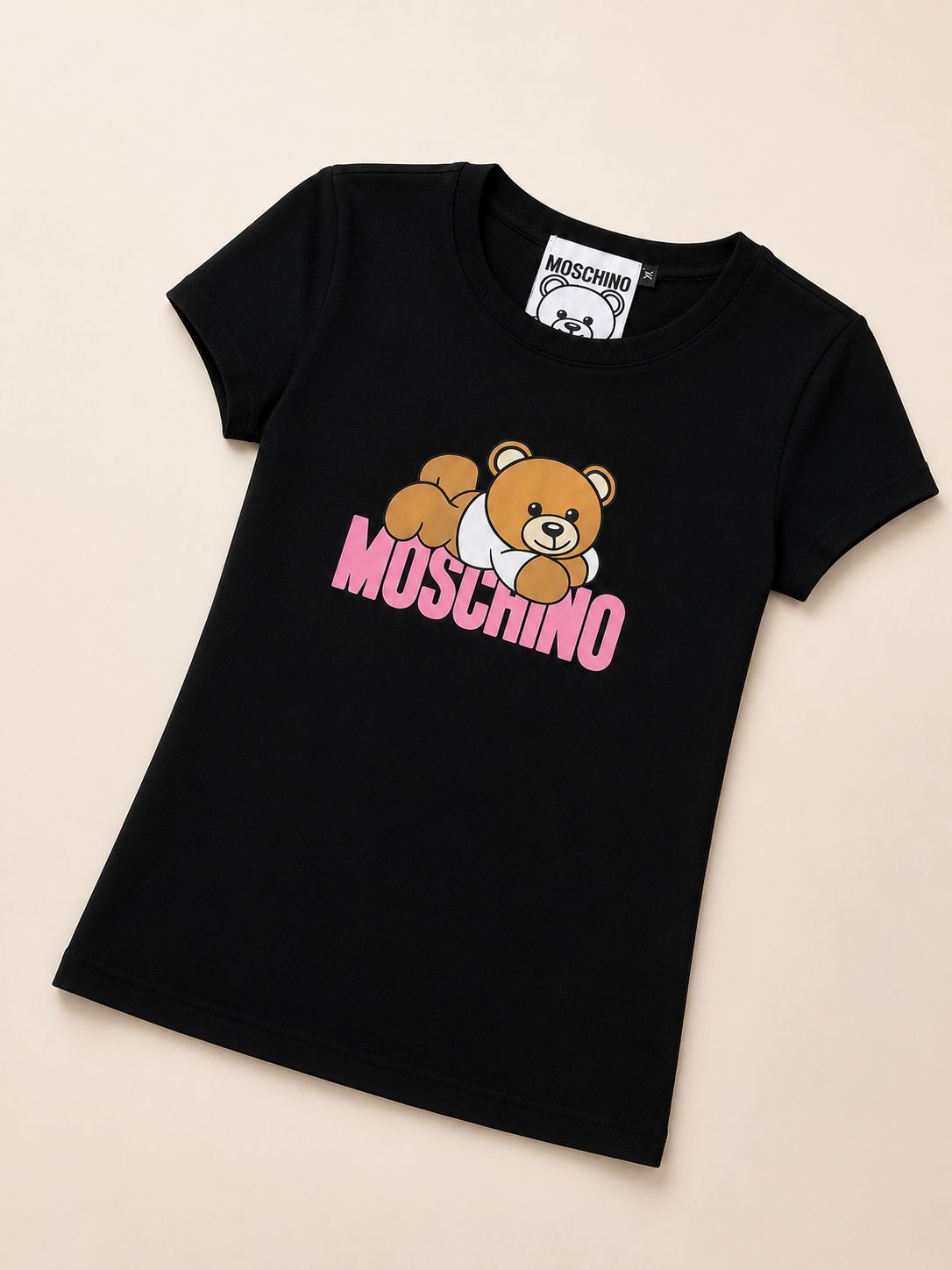 CAMISA MOSCHINO NEGRA OSO LETRA ROSADA